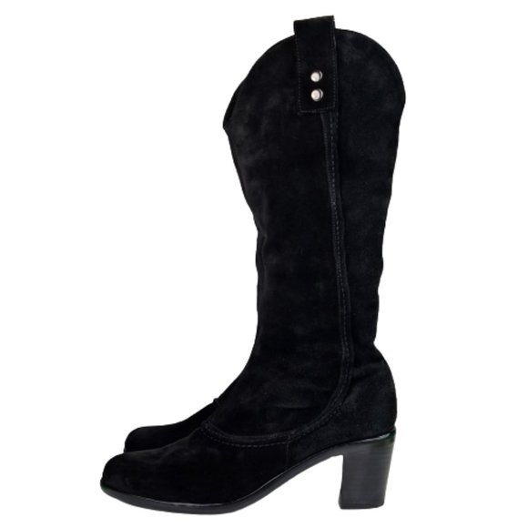 Vaneli Hash Black Nubuck Knee High Stitching Adjustable Snap Pull On Heel Boots - Picture 8 of 16